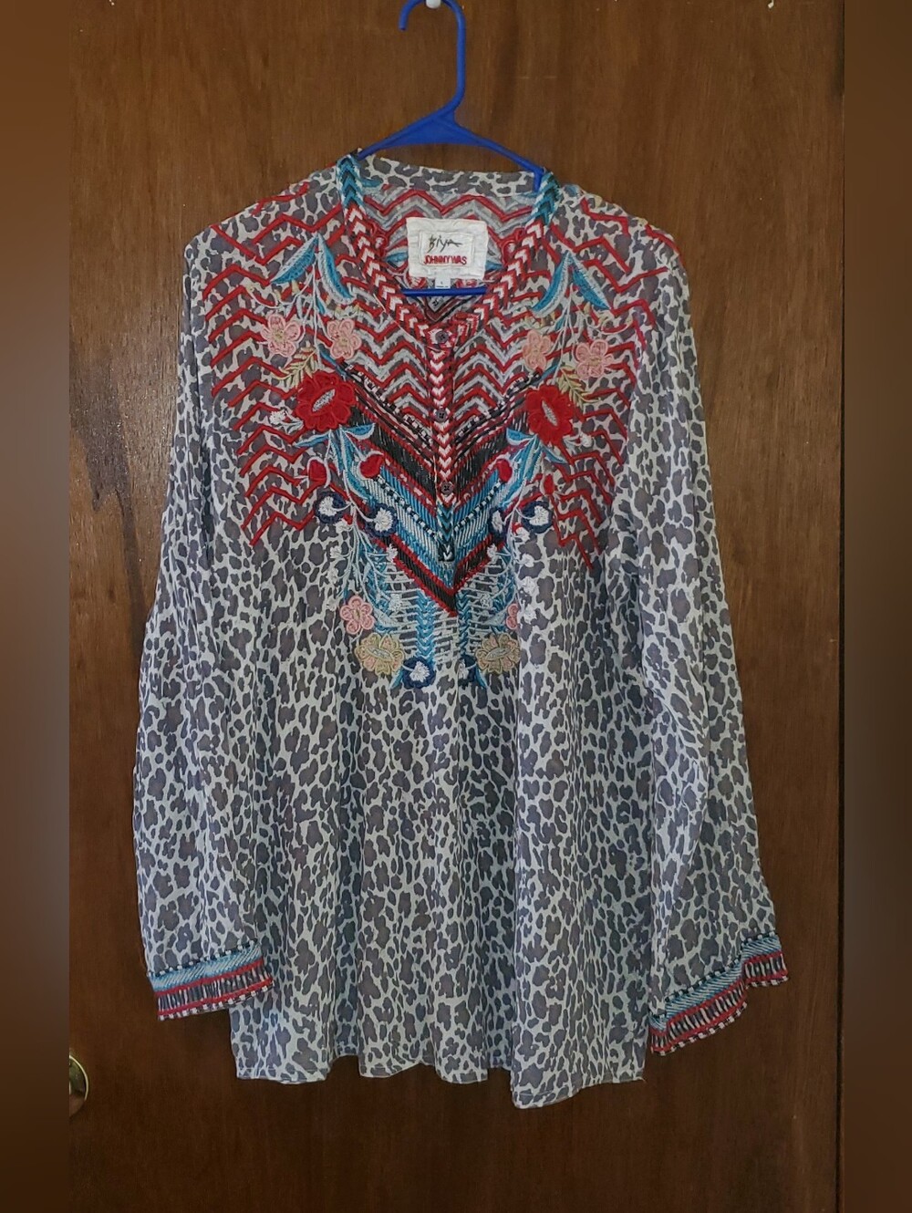 Johnny Was Biya Silk Embroidered Tunic Blouse Top Cheetah Sz Large